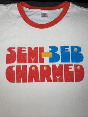 White Graphic 'Semi-Bib Charmed' Ringer Tee with Red Trim